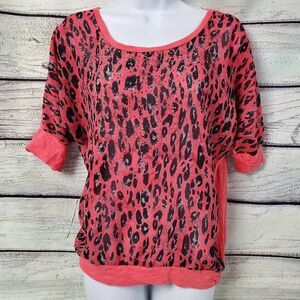 Vanity Coral Leopard Print Dolman Top Size M Animal Print Rhinestone Accent Blou